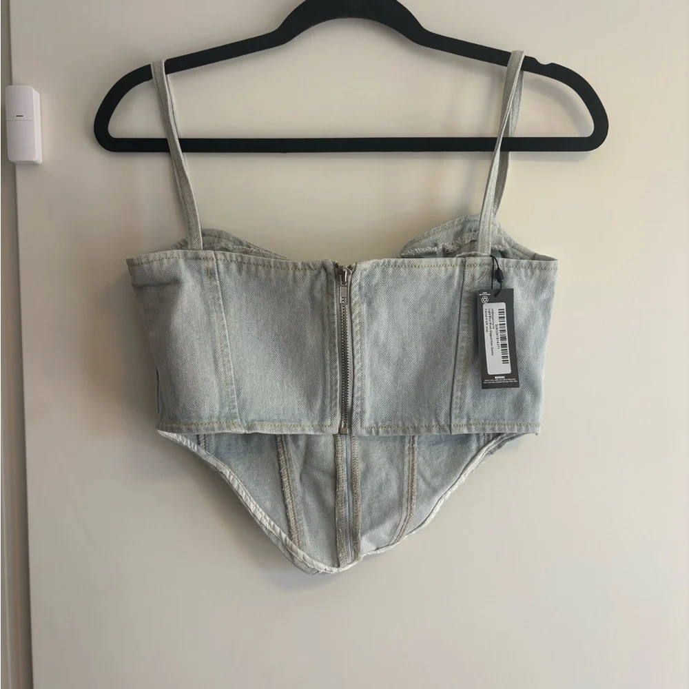 PrettyLittleThing Light Wash Denim Corset Crop Top
